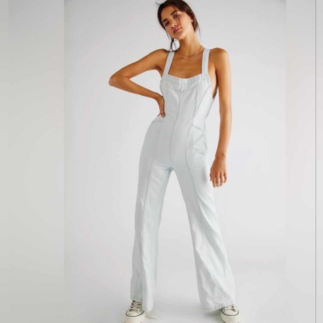 Free People Kendra Jumpsuit Bell Bottoms Splash Distressed Workshop Look
